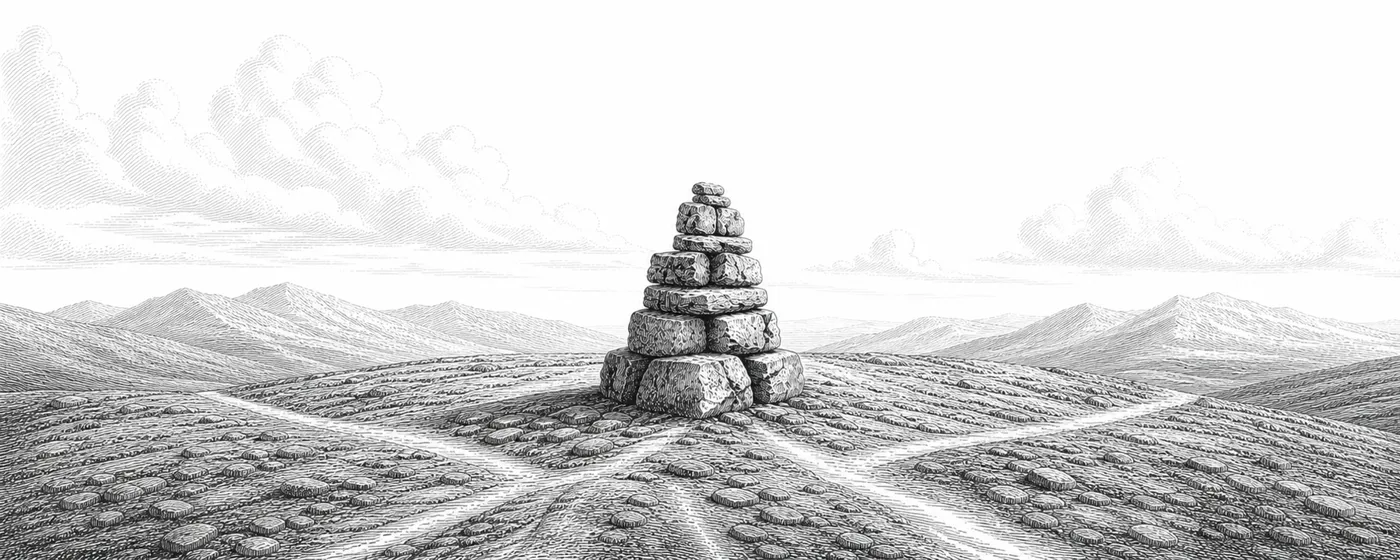 A weathered cairn of visibly scarred stones stands where several faint trails converge