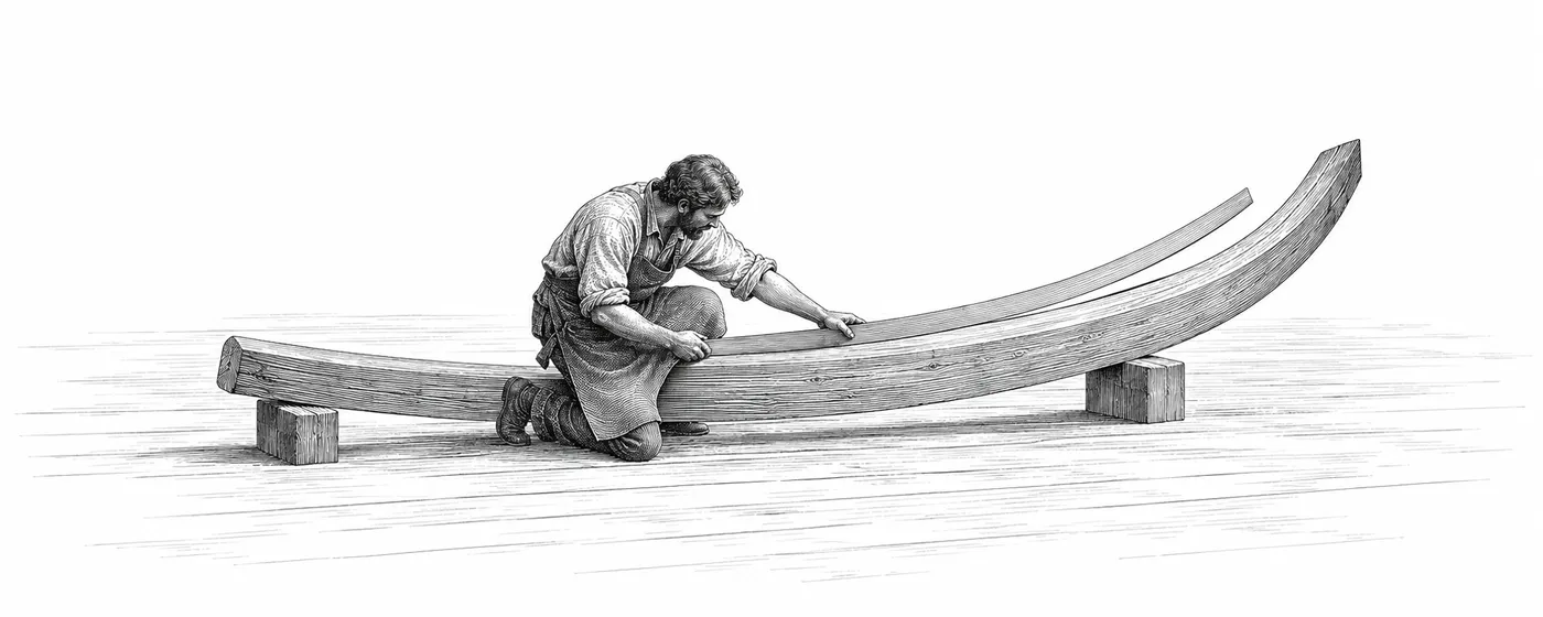 A shipwright checks a curved timber against a thin template, with a visible gap between them