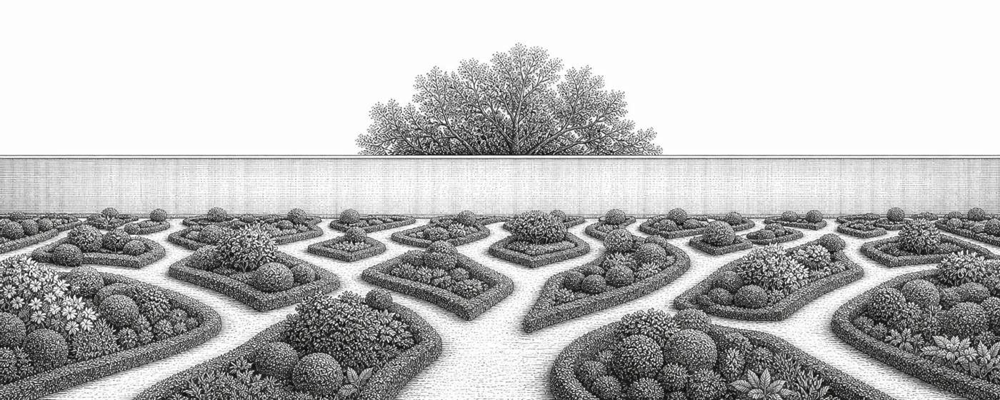 A formal garden of branching paths ends at a blank wall, beyond which the crown of a wild tree rises