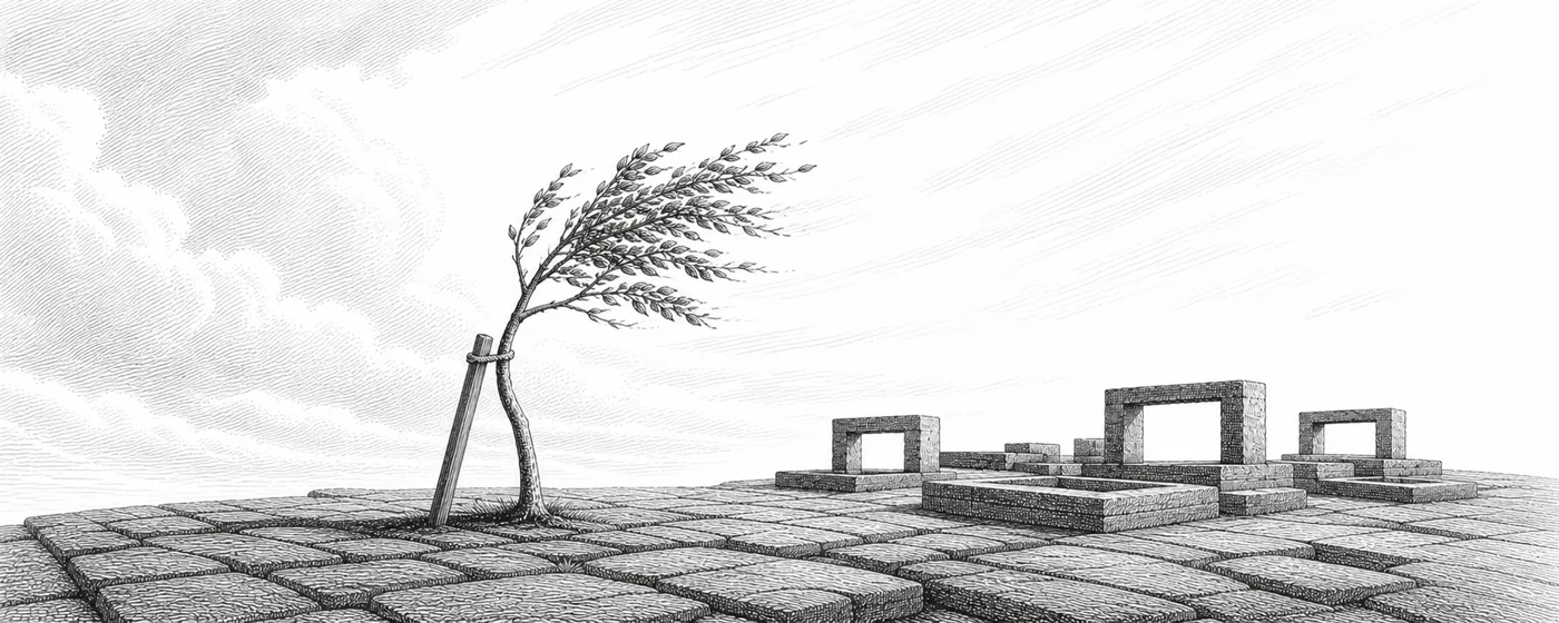 A young tree bends in a hard wind, kept alive by one spare wooden brace among rigid stone frames