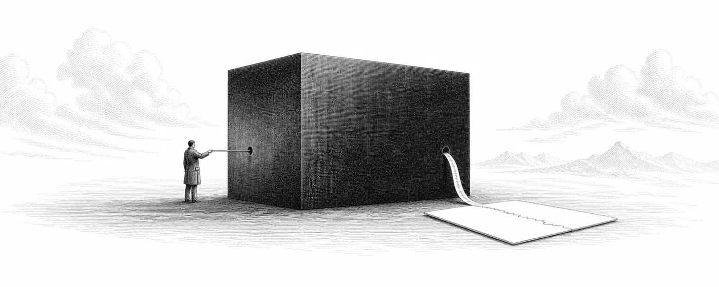 An observer probes a sealed black chamber while a faint distorted trace emerges from the far side