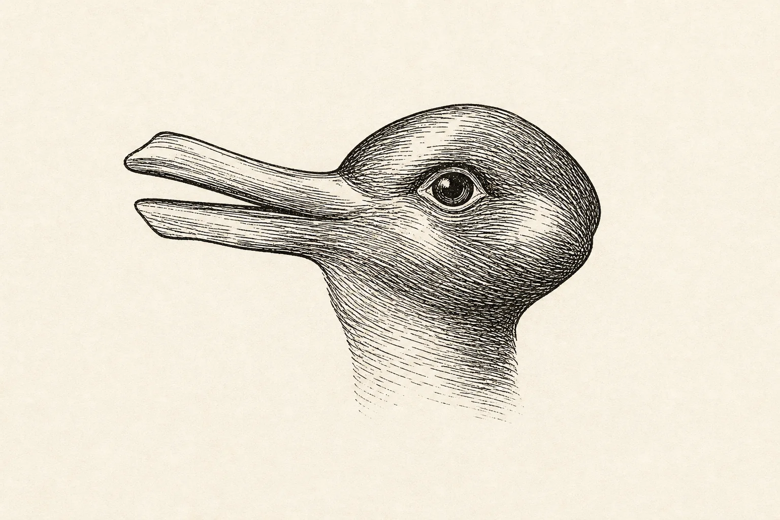 One ambiguous black-ink animal head that can be seen as either a duck facing left or a rabbit facing right