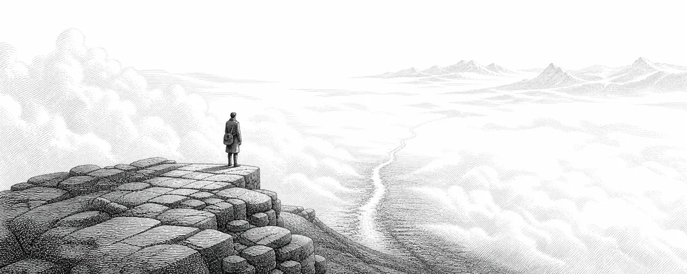 A lone traveler stands on a rocky edge while a narrow path disappears into luminous mist