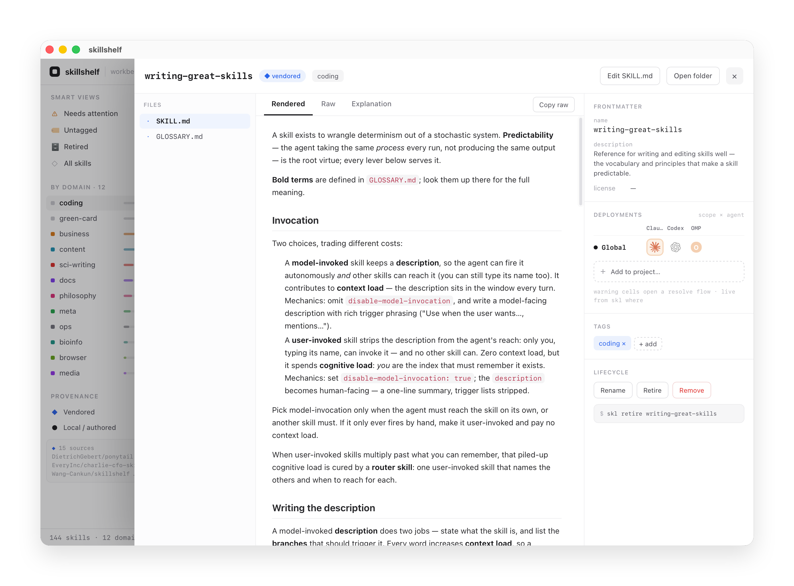 skillshelf detail drawer: the rendered SKILL.md body on the left, with provenance, an agent-by-scope deployment matrix, tags, and lifecycle actions on the right