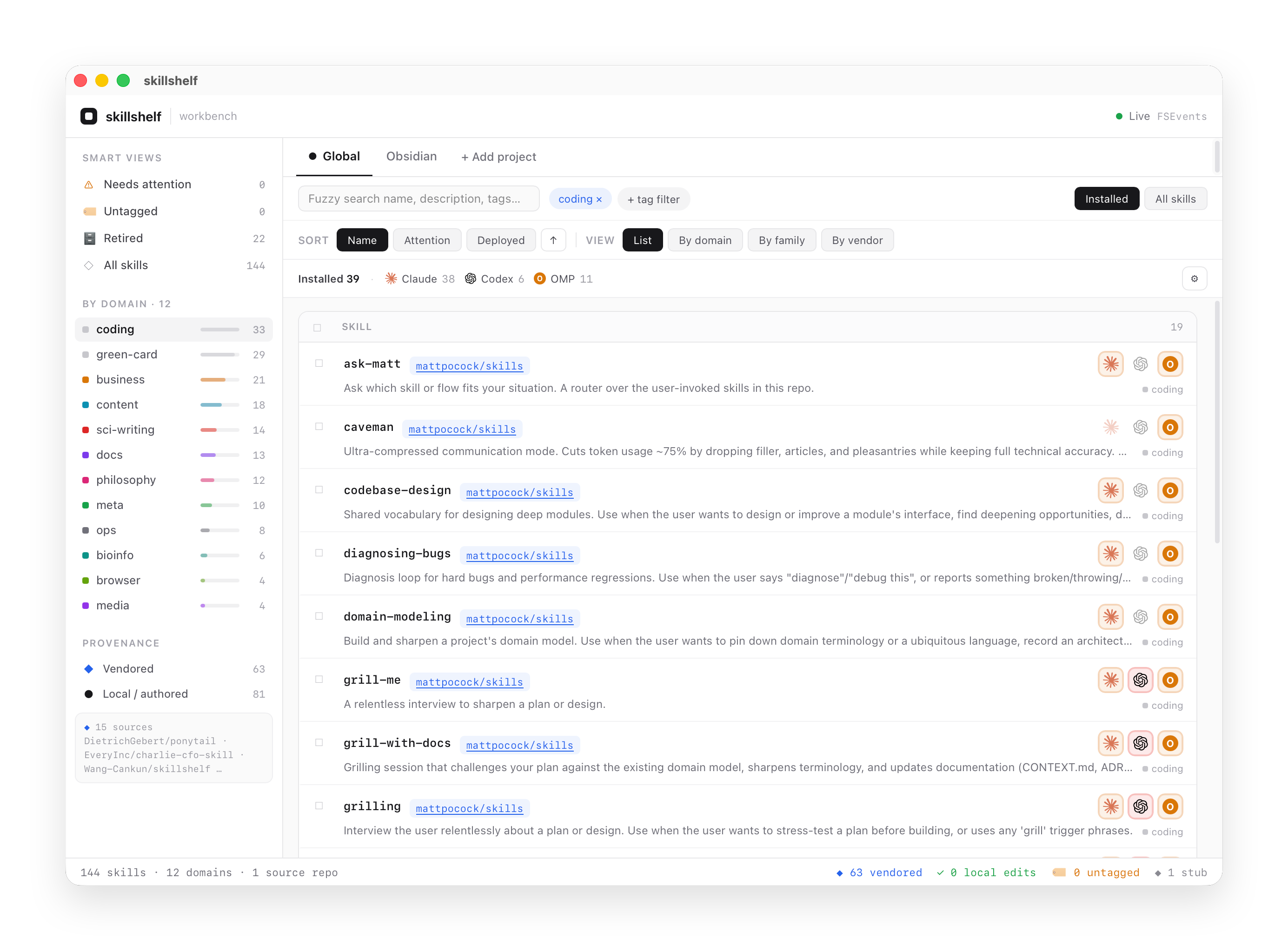 skillshelf library view: a scrollable list of skills, each with per-agent deployment toggles, a domain sidebar, and a scope switcher across the top