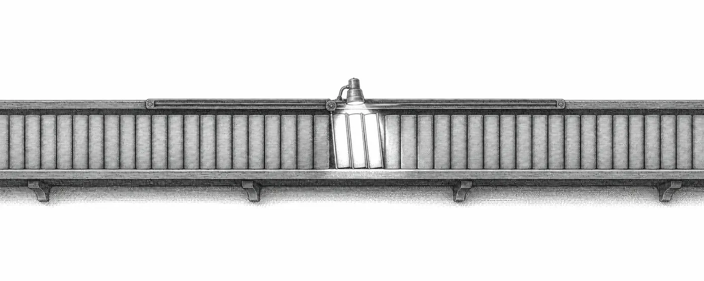A long shelf holds many dormant blank volumes while a selector lamp activates only a chosen few