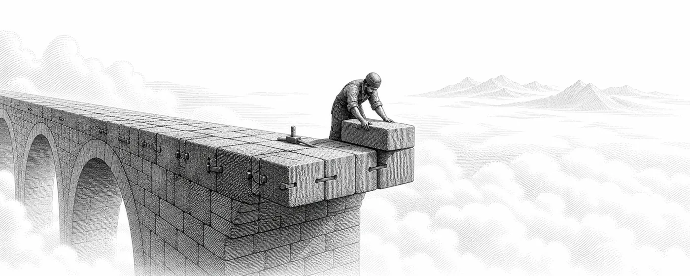 A lone mason adds a keyed stone to an unfinished bridge whose earlier blocks retain visible tool marks