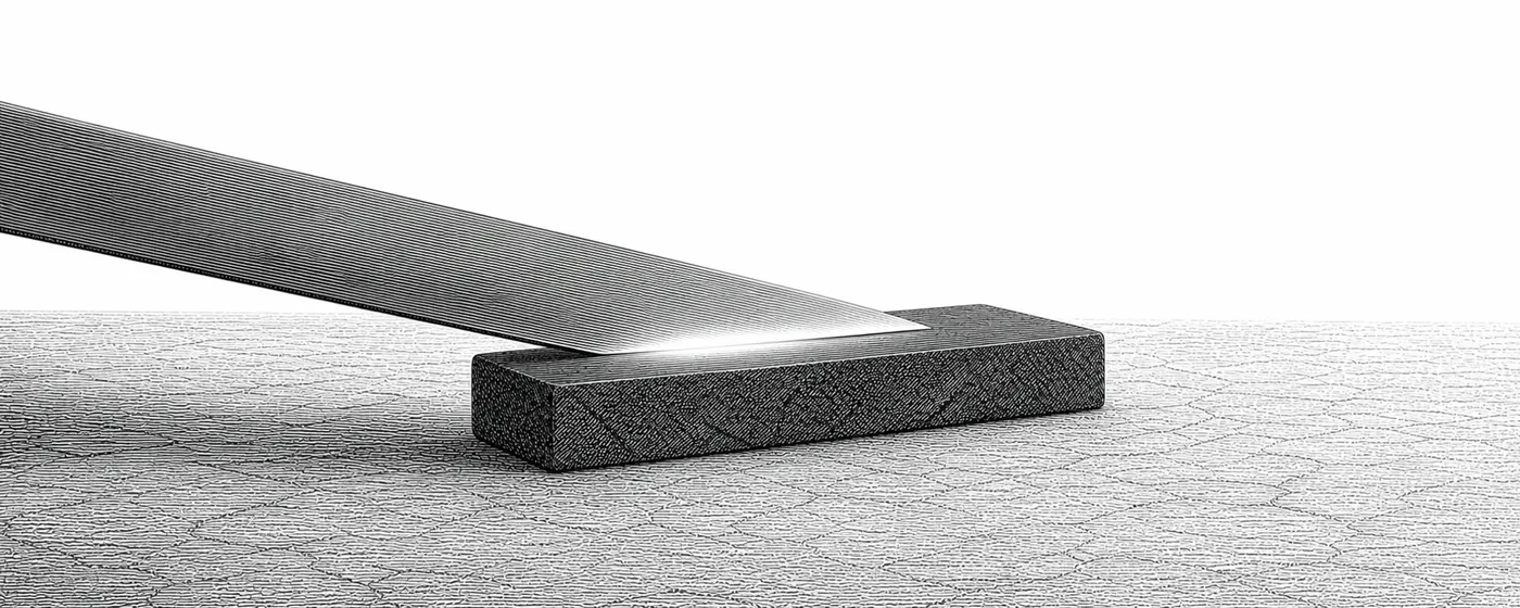 A broad steel blade is honed to a bright precise edge against a small dark whetstone