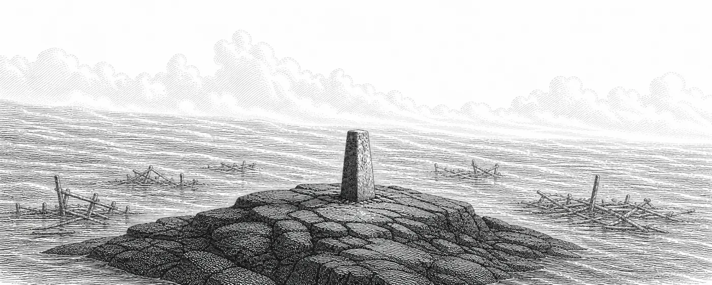 A stone survey marker remains anchored to bedrock as a vast tide strips away fragile scaffolding